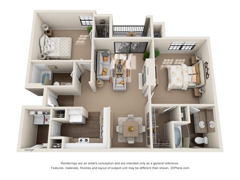 Floor plan for 2 beds, 2 baths, 1155 sqft
